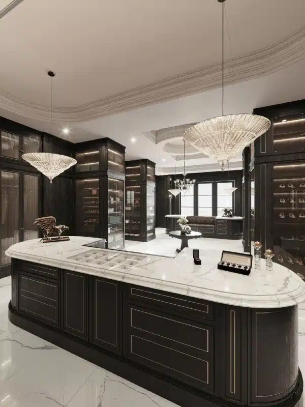 Superior custom-built bedroom dressing room with finely crafted fitted cabinetry and classic storage solutions