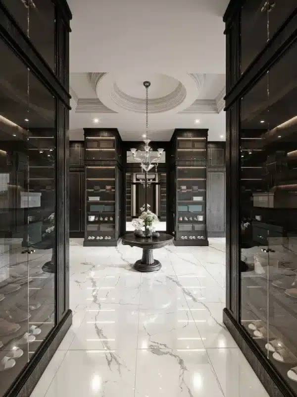 Distinguished commissioned bedroom dressing room with beautifully made cabinetry and timeless storage solutions