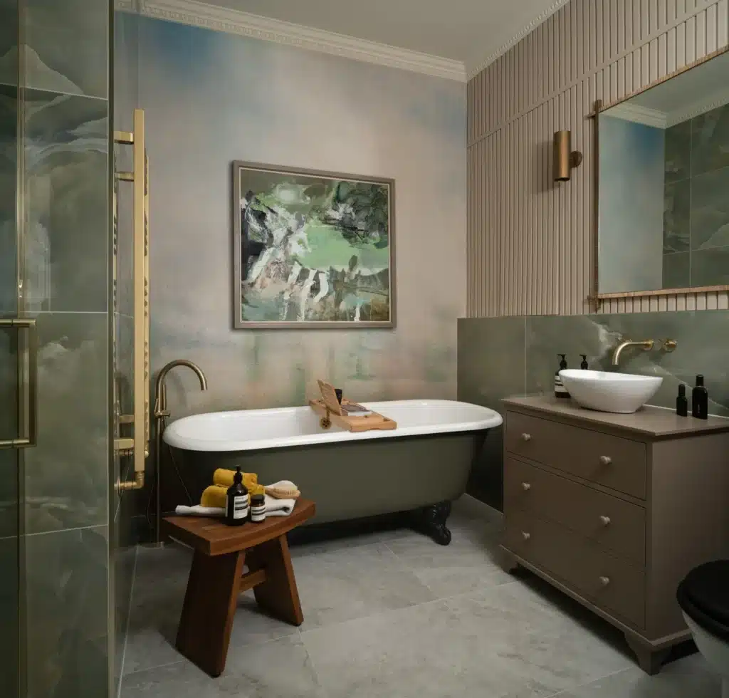 Elegant bathroom with freestanding bathtub, abstract wall art, and modern vanity by Jeffreys Interiors